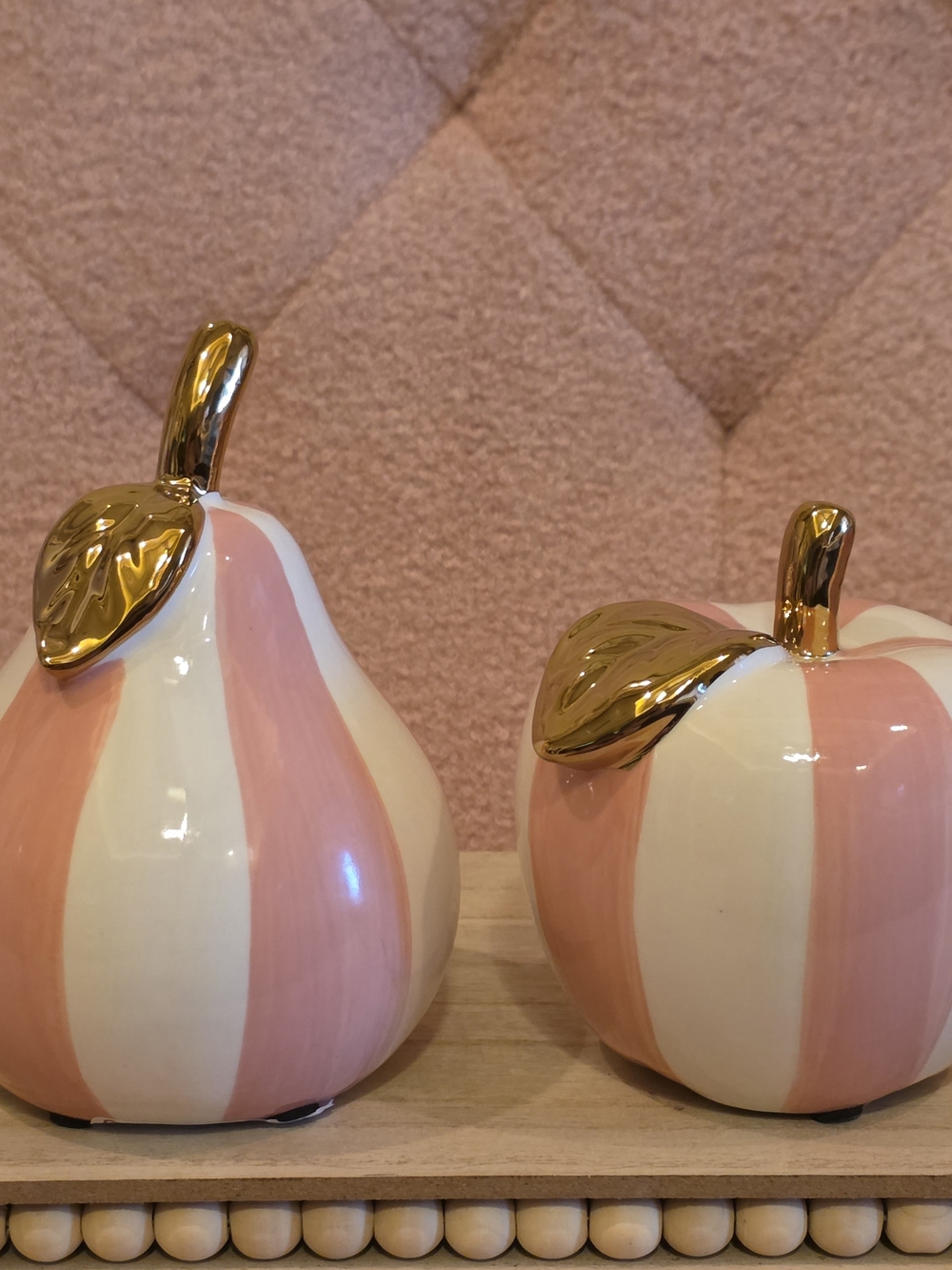 Decorative Pink & Cream Striped Ceramic Fruit Accents with Gold Leaf & Stem